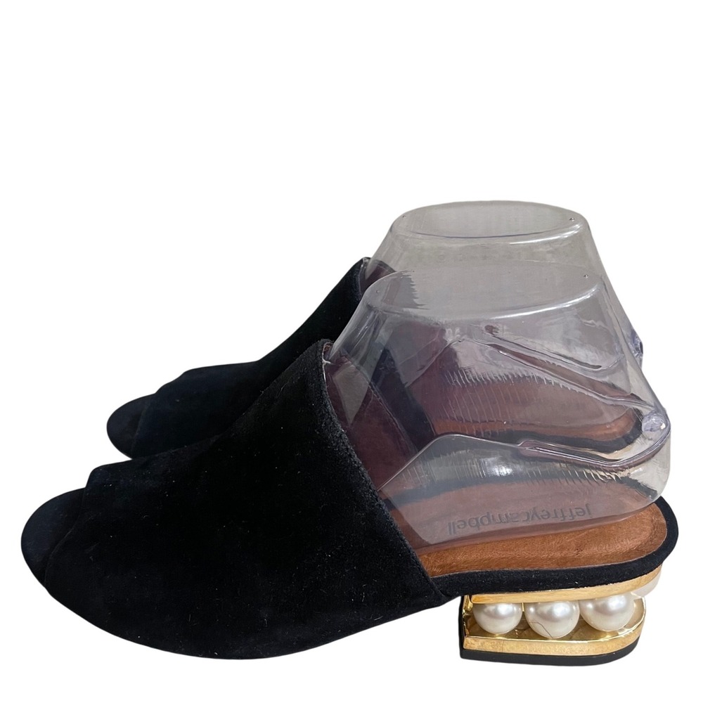 Jeffrey Campbell Arcita-2MP Black Suede Pearl Embellished Block Heel Mules 7.5